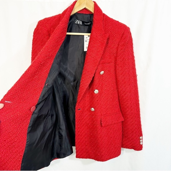 NWT ZARA Textured Double Breasted Red Tweed Blazer Jacket Blogger Favorite - Picture 7 of 15